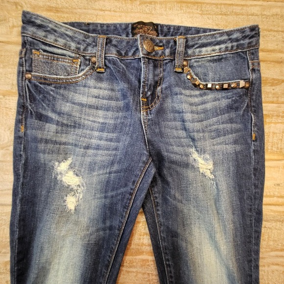 ReRock Express Jeans Womens 4 Dark Blue Skinny Distressed Denim Preppy Normcore - Picture 2 of 11